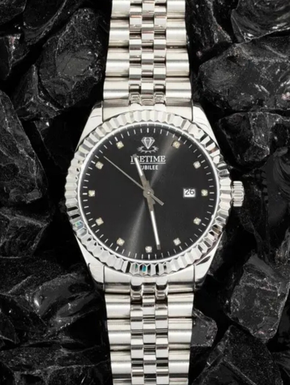 IceTime Jubilee 41mm Men White Gold Steel Watch Black Dial Iced 0.10ct Diamonds